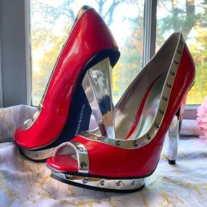 Rocawear Lissa Pump US 7.5 Silver and Red Pin-up Style Sailor Open Toe Pump Y2K
